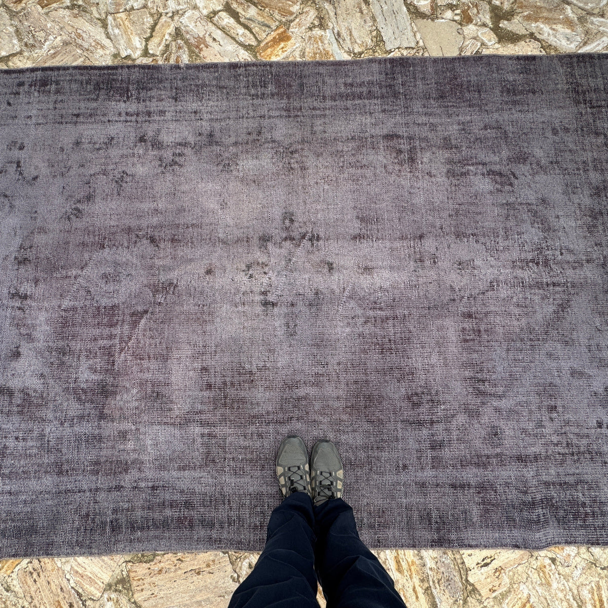 1970s gray vintage Turkish overdyed rug with overdyed design, hand-knotted weave and low pile.