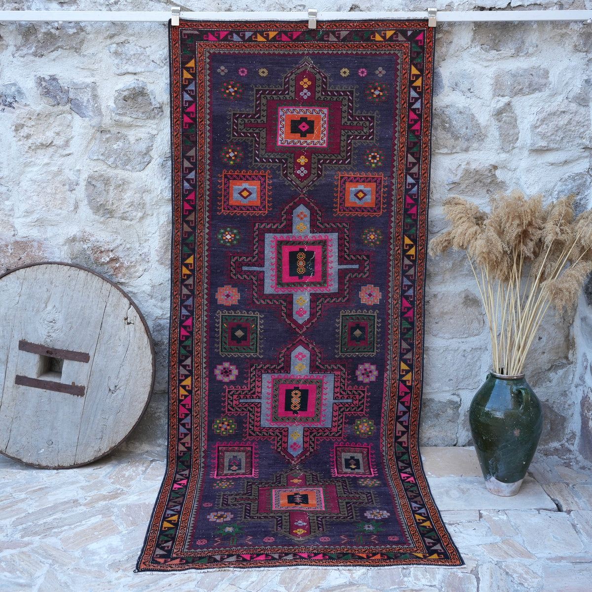 Purple 4' x 10' vintage persian rug with geometric design, handmade in Turkey – Ronna.