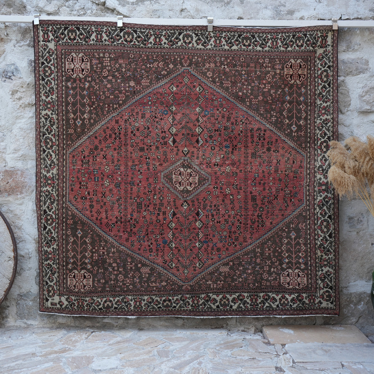 Red 6' x 7' vintage persian rug with geometric design, handmade in Turkey – Nata.