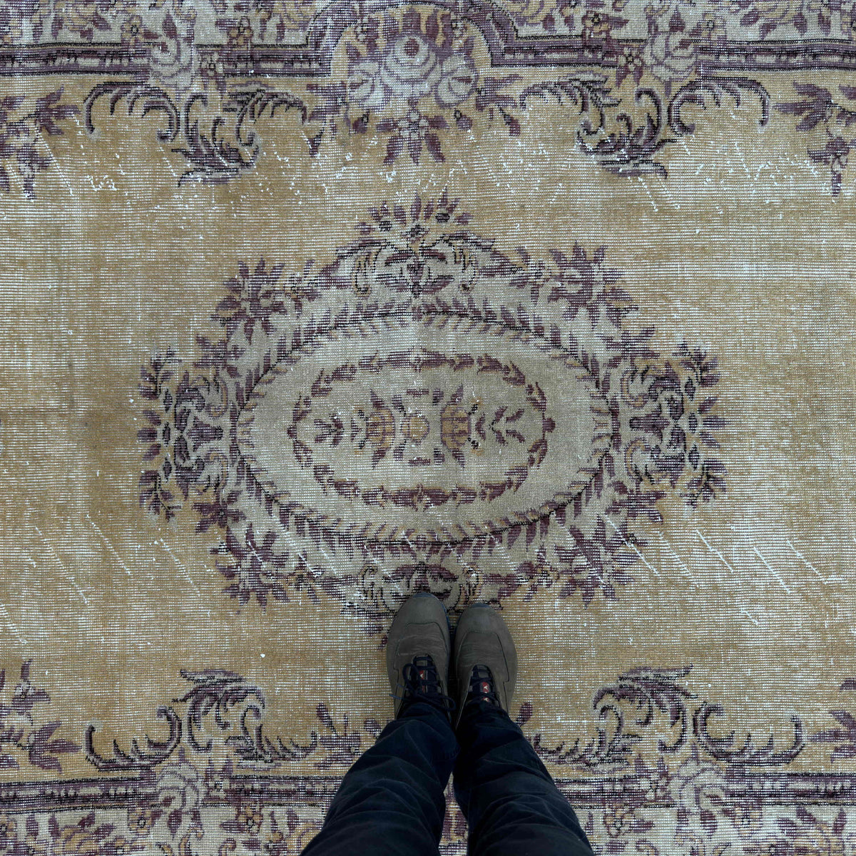 1970s yellow vintage Turkish persian rug with medallion design, hand-knotted weave and low pile.