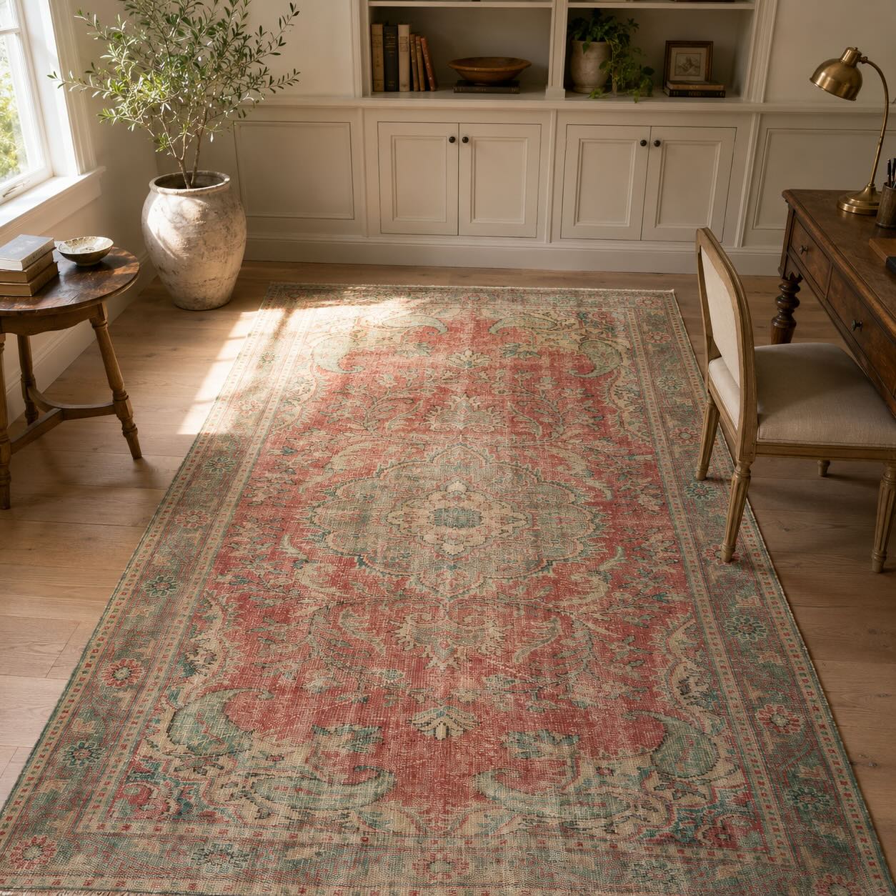 Red and green vintage hand-knotted Persian rug, Eleri, with a floral medallion pattern in a home office