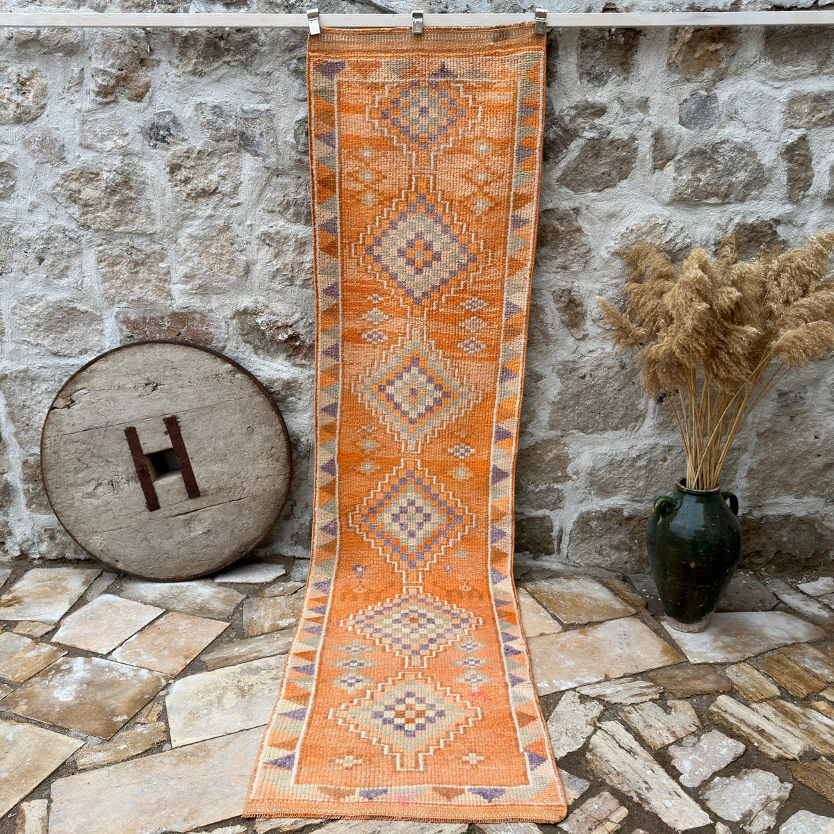 Orange 3' x 10' vintage persian runner rug with traditional design, handmade in Persian – Kareem.