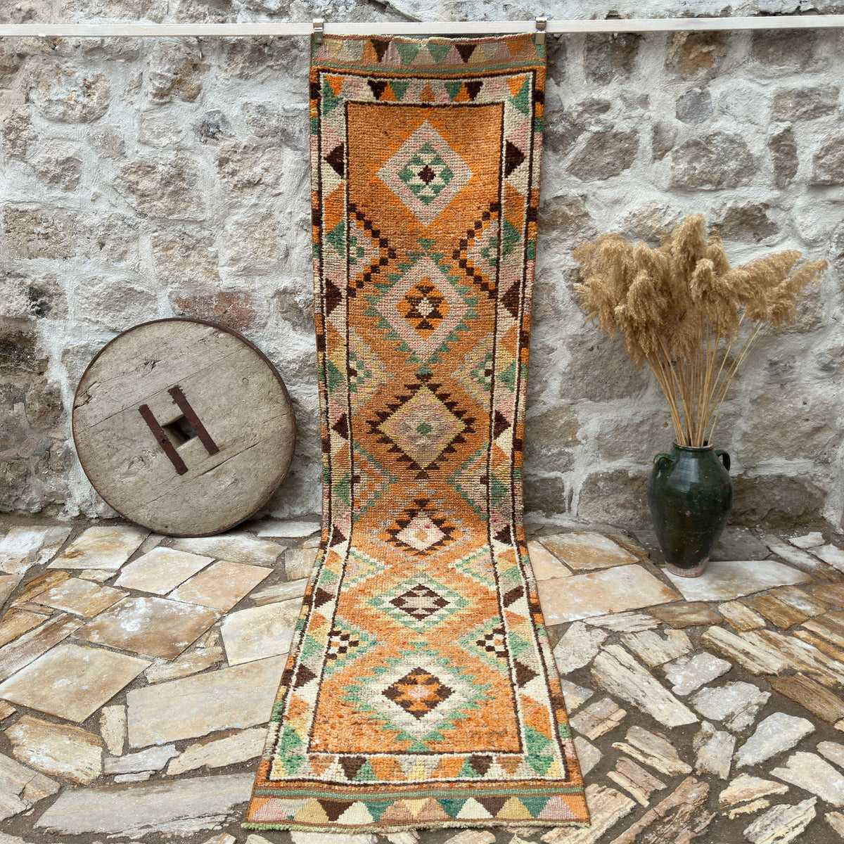 Orange 3' x 12' vintage persian runner rug with traditional design, handmade in Persian – Pamela.