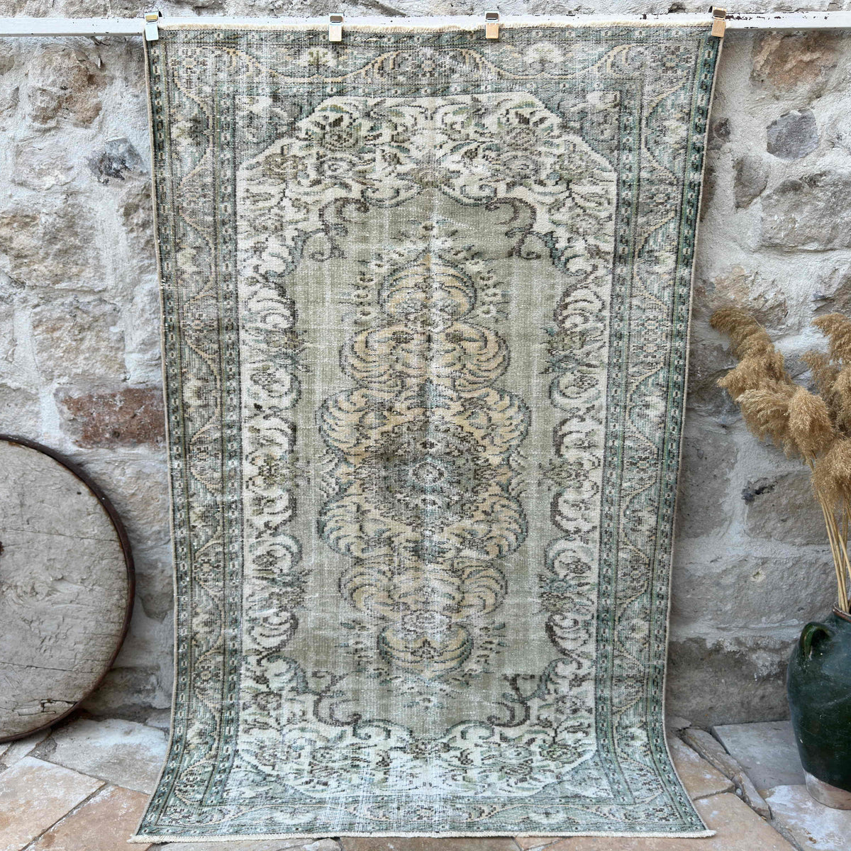 Green 5' x 8' vintage persian style rug with geometric design, handmade in Turkey – Ralph.