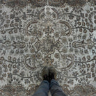 1970s brown vintage Turkish persian style rug with geometric design, hand-knotted weave and low pile.