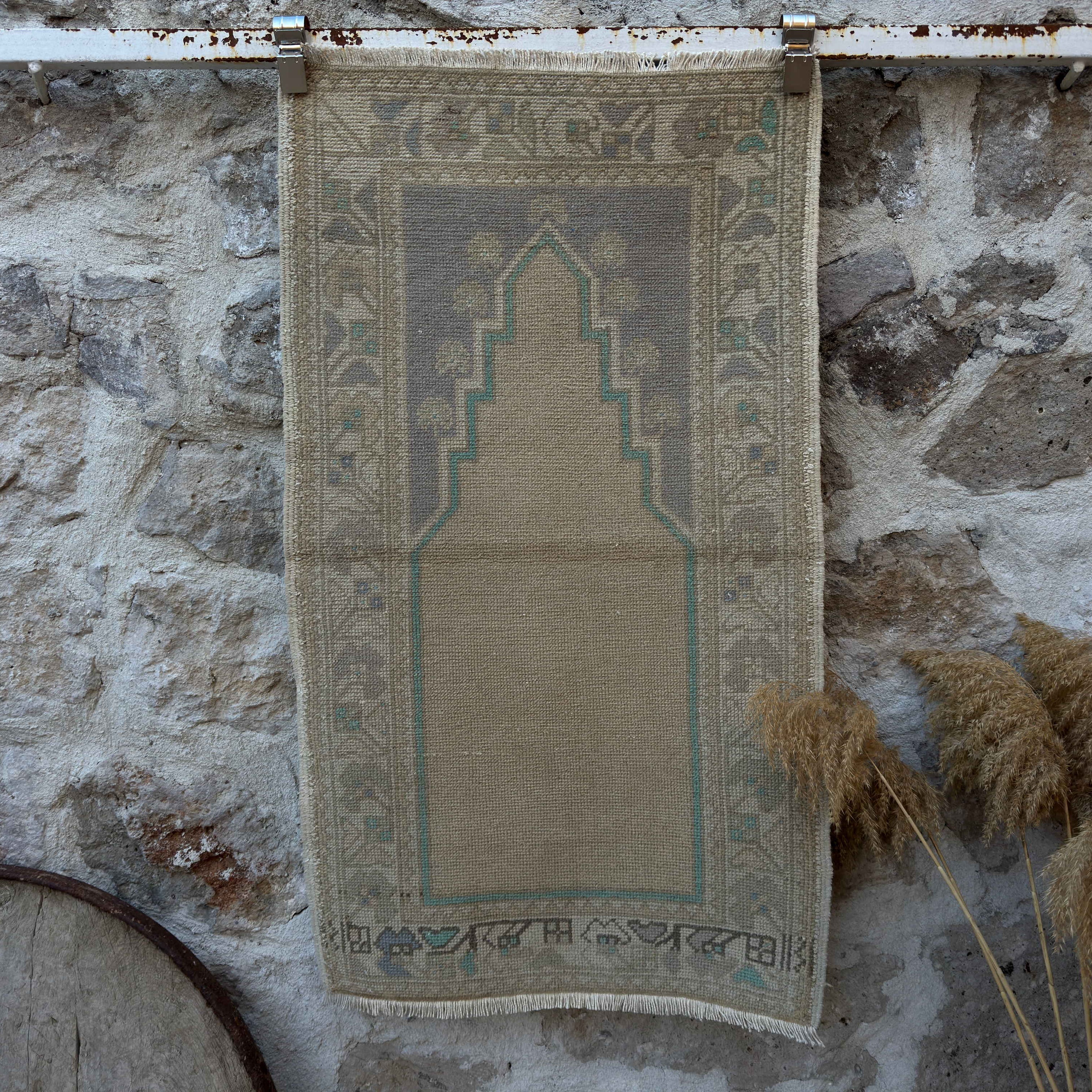 Beige 2' x 4' vintage prayer rug with traditional design, handmade in Turkey – Raymond.
