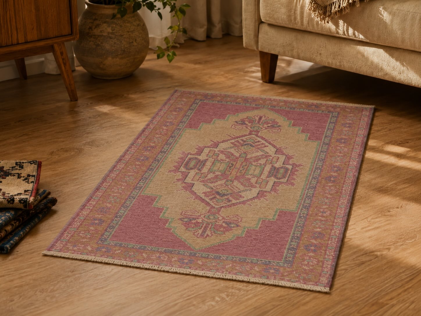 Vintage medallion rug with a faint coffee mark beside folded rug swatches for comparison