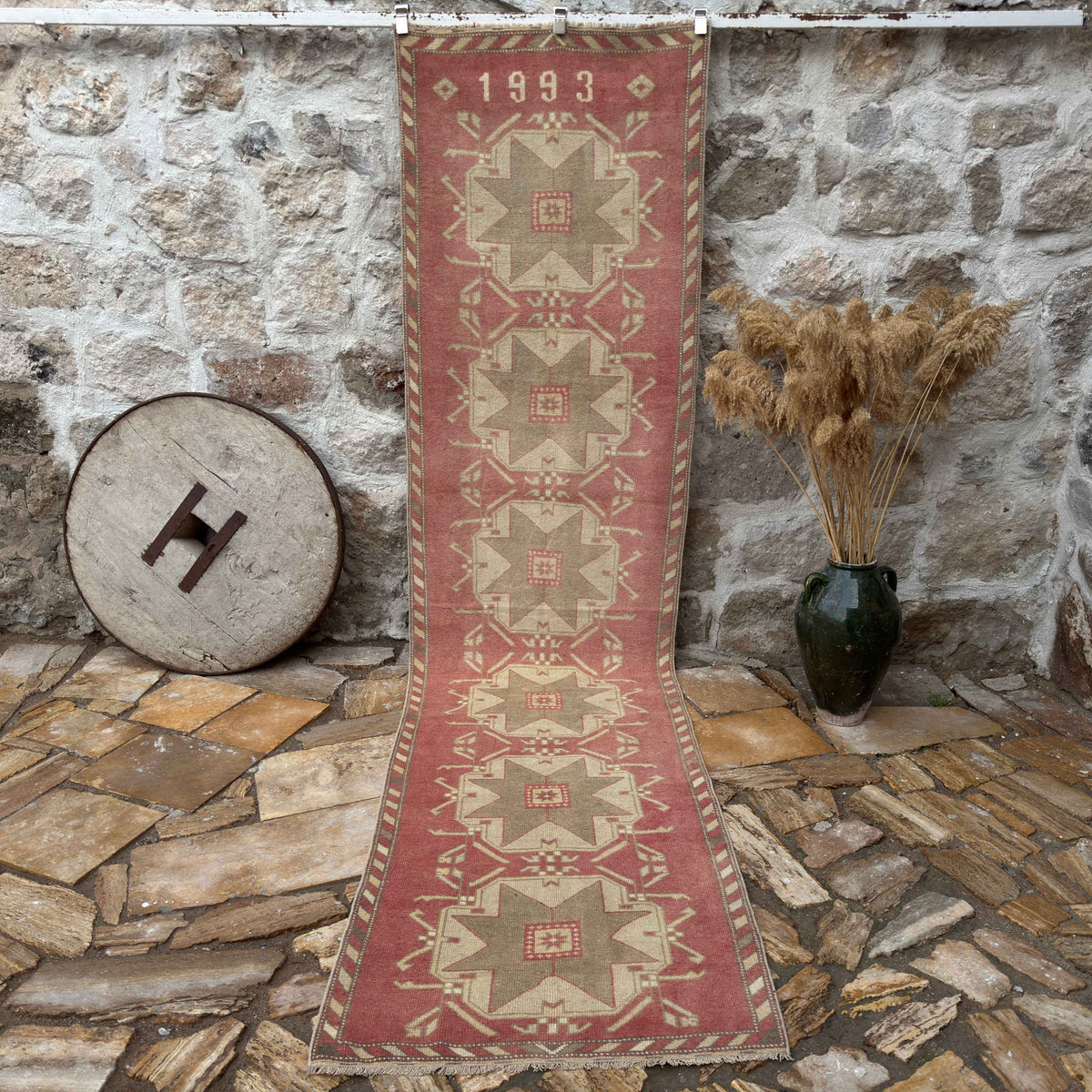Pale Red 3' x 12' vintage runner carpet with traditional design, handmade in Turkey – Osman.