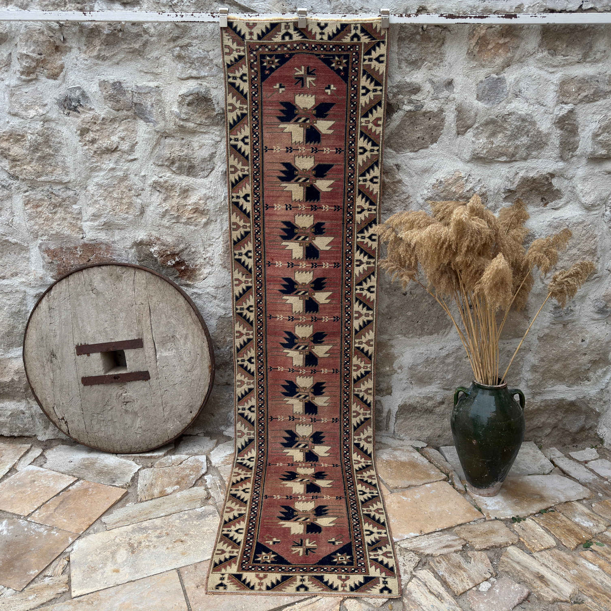 Pale Red 2' x 10' vintage runner rug with traditional design, handmade in Turkey – Cain.