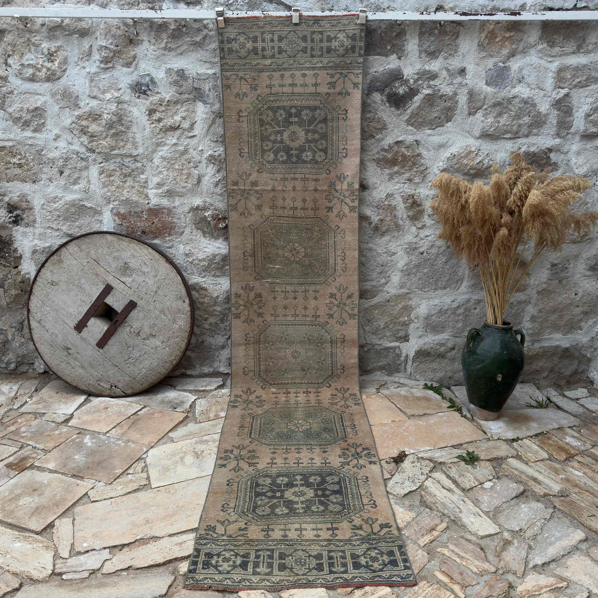 Beige 3' x 11' vintage runner rug with traditional design, handmade in Turkey – Nelly.