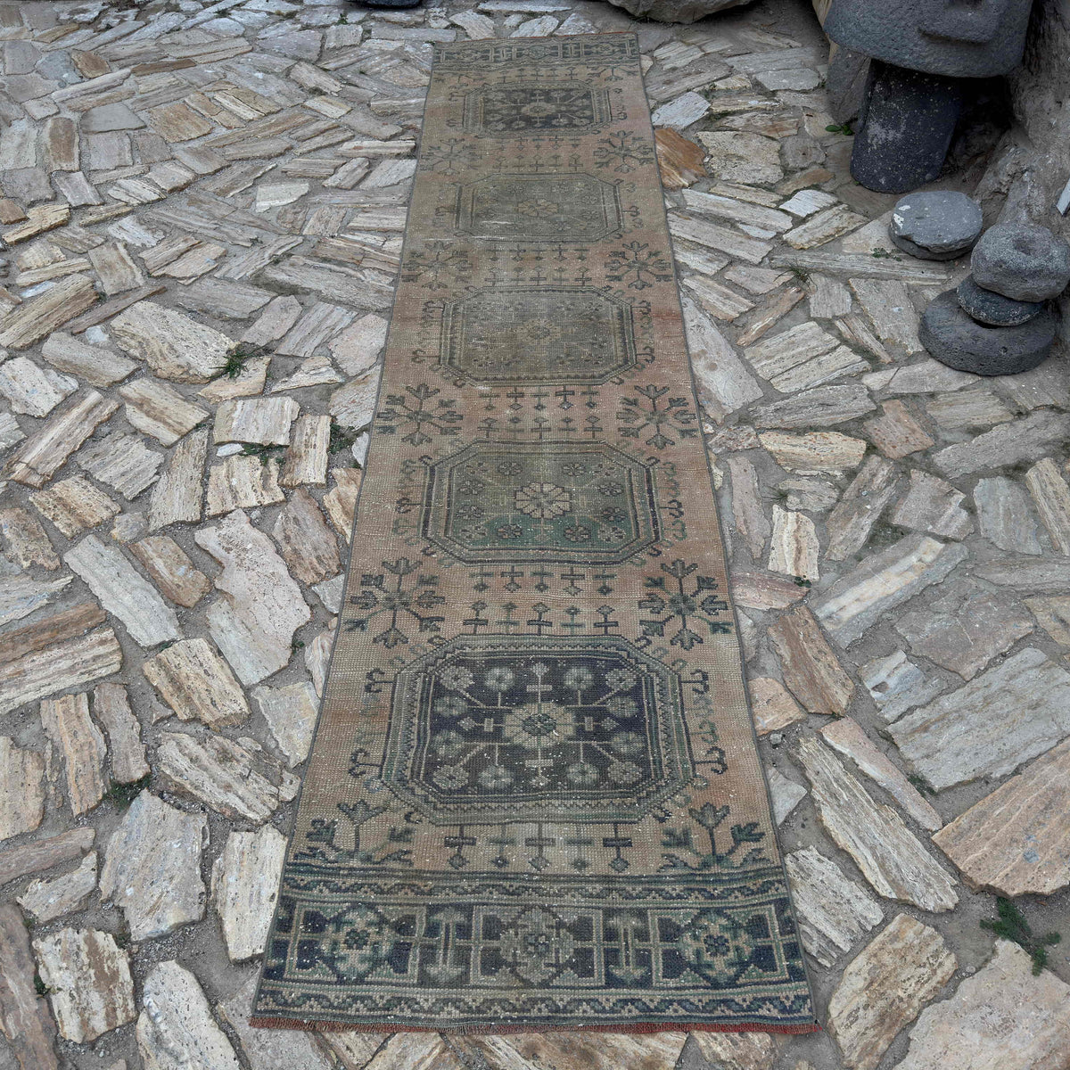 Beige 3' x 11' vintage Turkish runner rug in wool and cotton, shown on the floor.