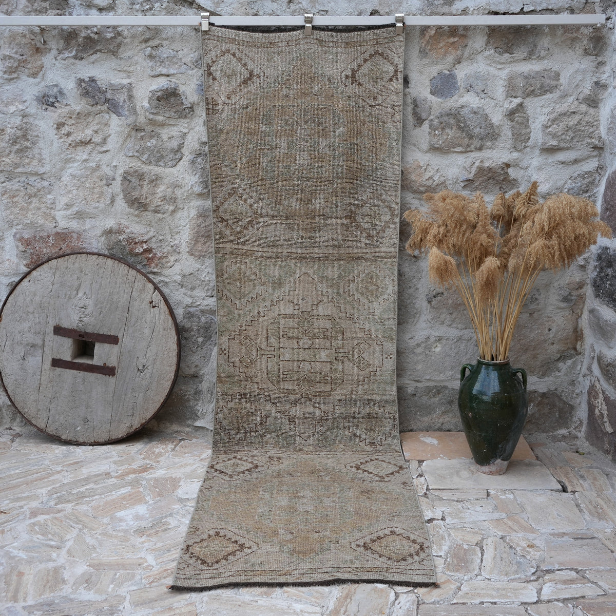 Beige 3' x 11' vintage runner rug with neutral design, handmade in Turkey – Rorie.