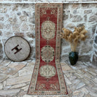 Red 3' x 12' vintage runner rug with traditional design, handmade in Turkey – Jaxson.