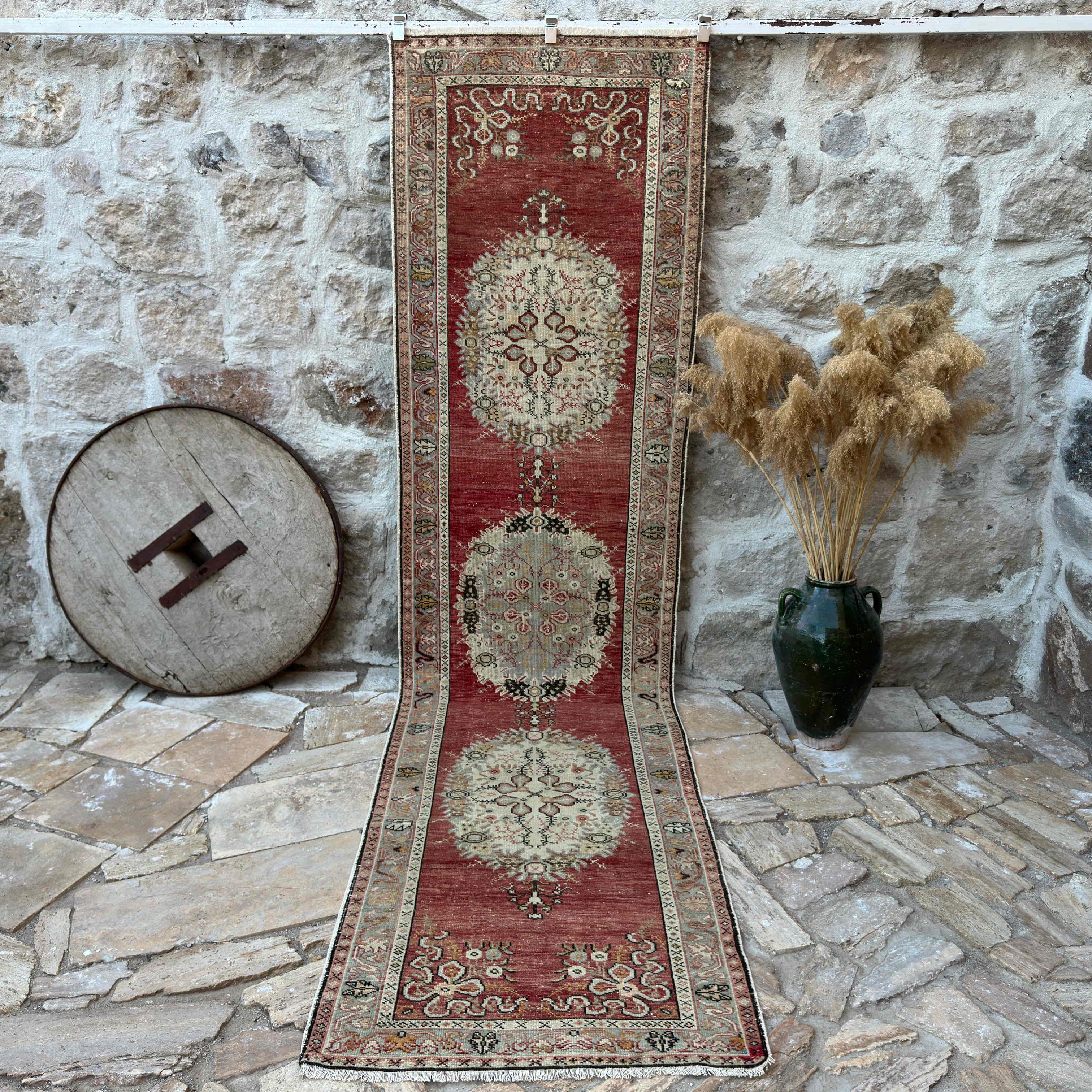 Red 3' x 12' vintage runner rug with traditional design, handmade in Turkey – Jaxson.