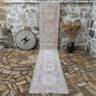 Pale Pink 3' x 14' vintage runner rug with neutral design, handmade in Turkey – Cecily.