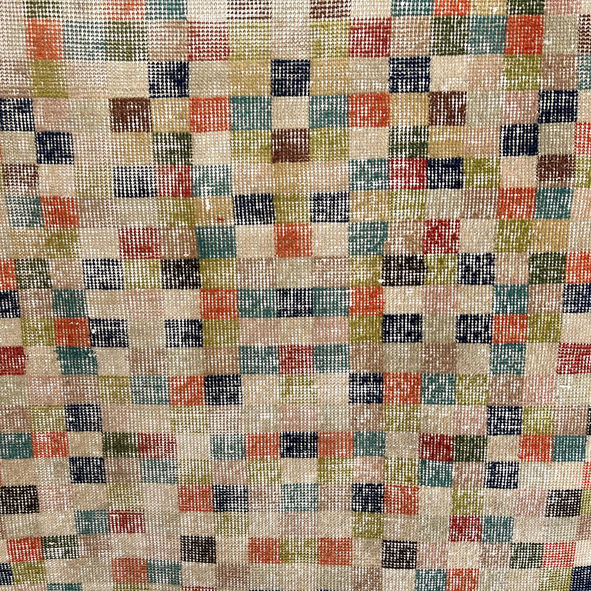Beige 3' x 7' vintage Turkish runner rug in wool and cotton, shown on the floor.