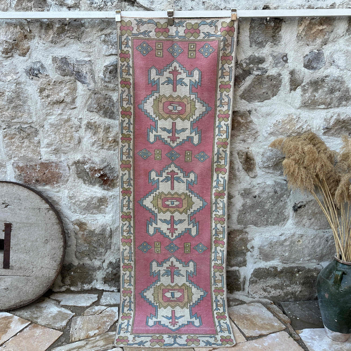 Pink 3' x 8' vintage runner rug with traditional design, handmade in Turkey – Laurie.