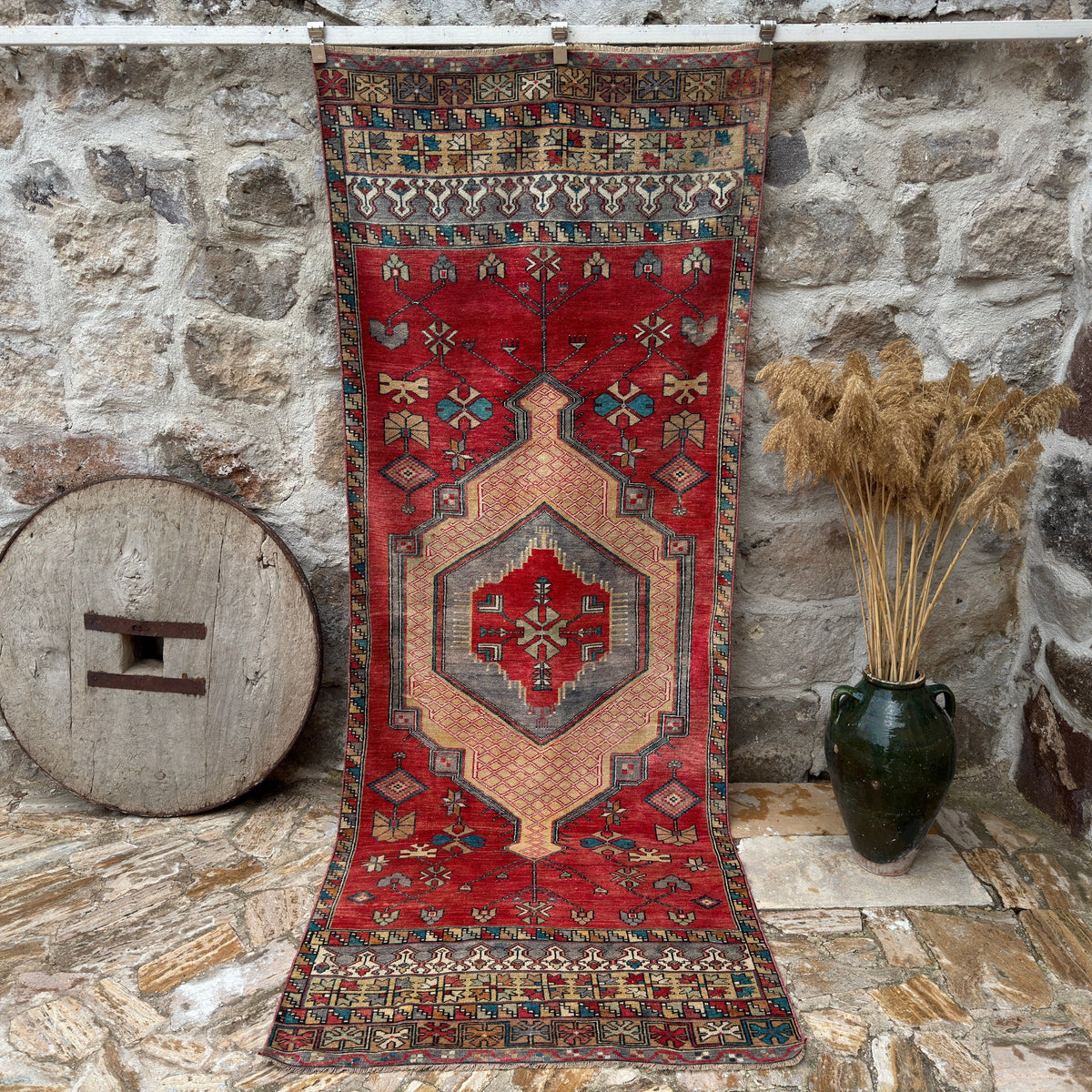 Red 4' x 10' vintage runner rug with traditional design, handmade in Turkey – Crystie.