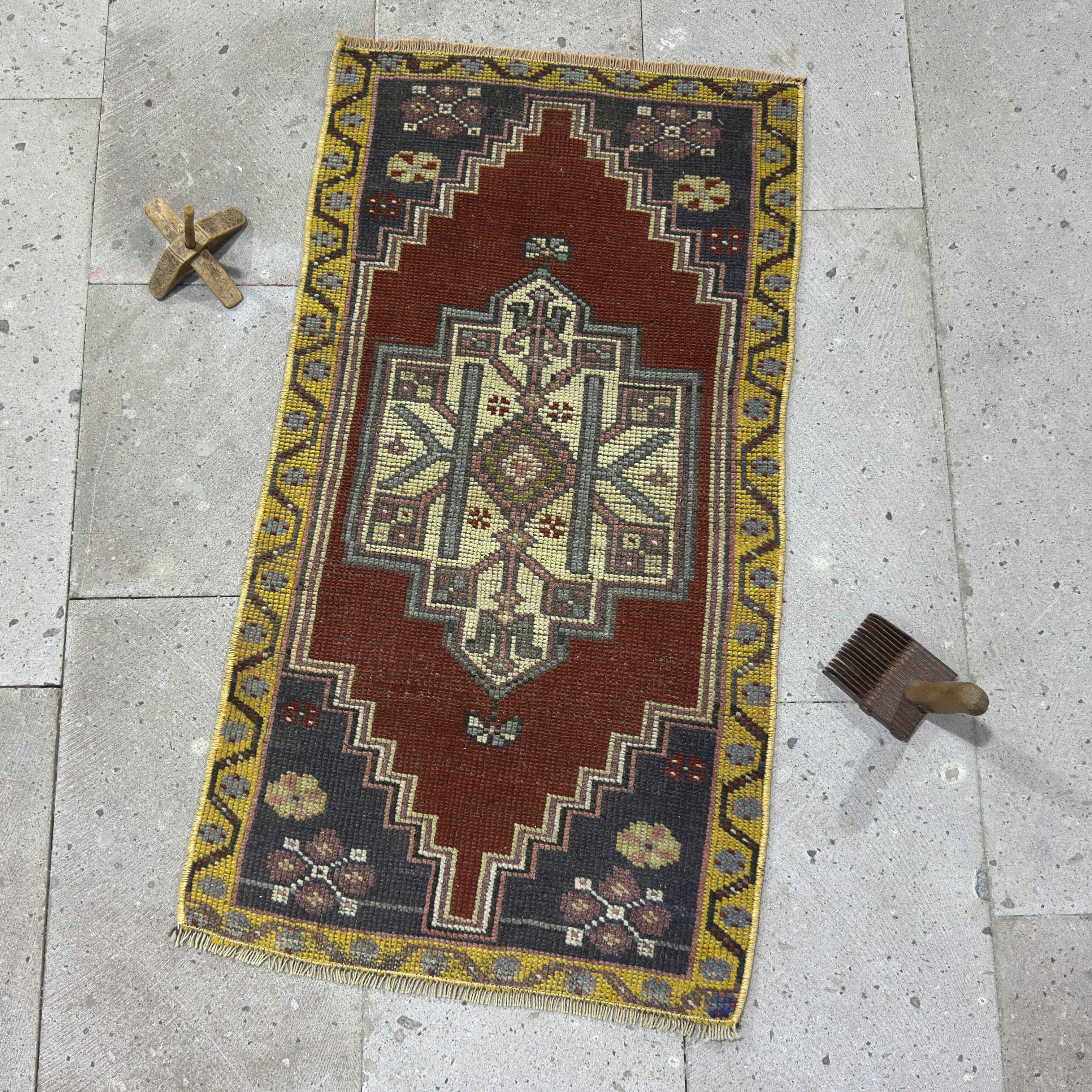 Red 2' x 3' vintage small rug with traditional design, handmade in Turkey – Moira.