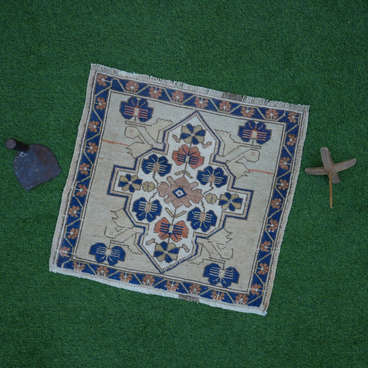 Blue 2' x 2' vintage square rug with traditional design, handmade in Turkey – Kaelan.