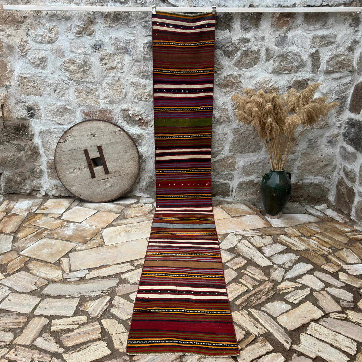 Red 2' x 13' vintage striped runner rug with striped design, handmade in Turkey – Mailer.