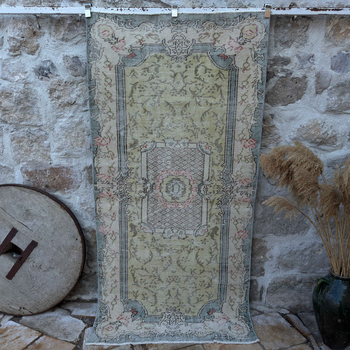 Pale Green 4' x 7' vintage traditional rug with traditional design, handmade in Turkey – Pippa.