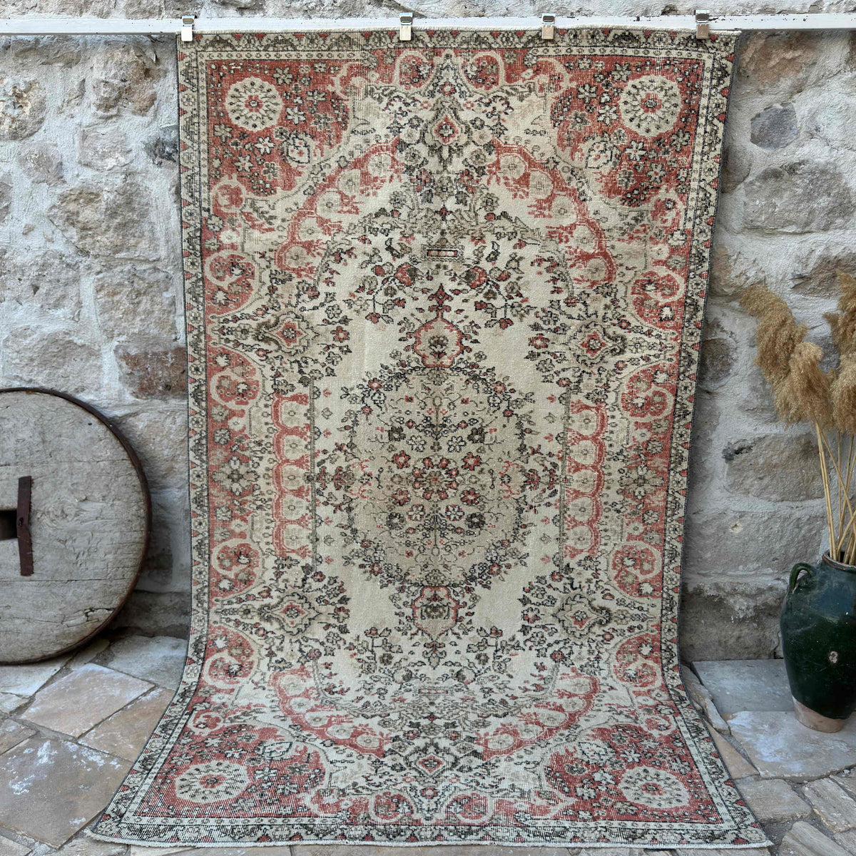 Pale Red 5' x 9' vintage traditional rug with medallion design, handmade in Turkey – Eleanor.