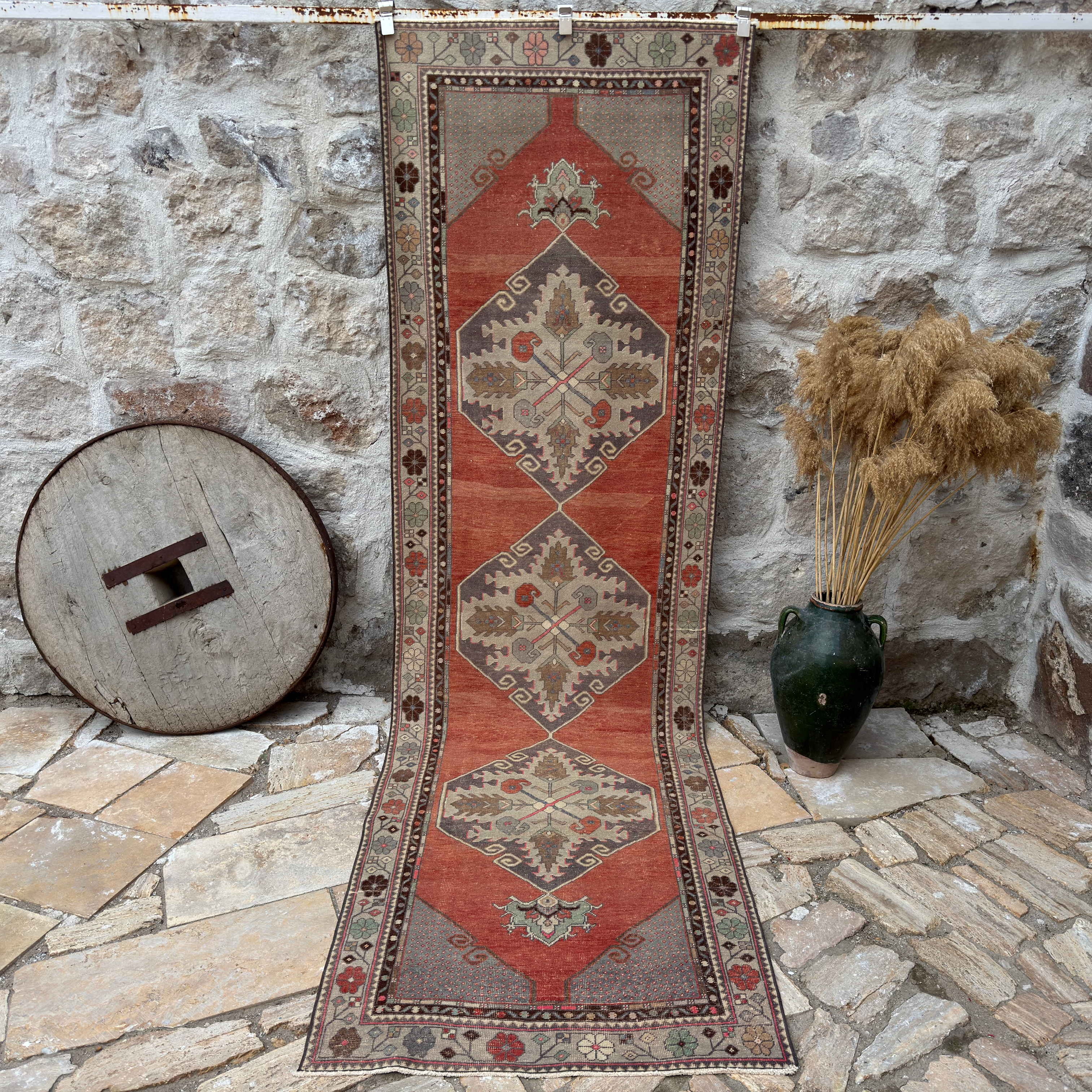 Red 3' x 11' vintage traditional runner rug with medallion design, handmade in Turkey – Lexi.