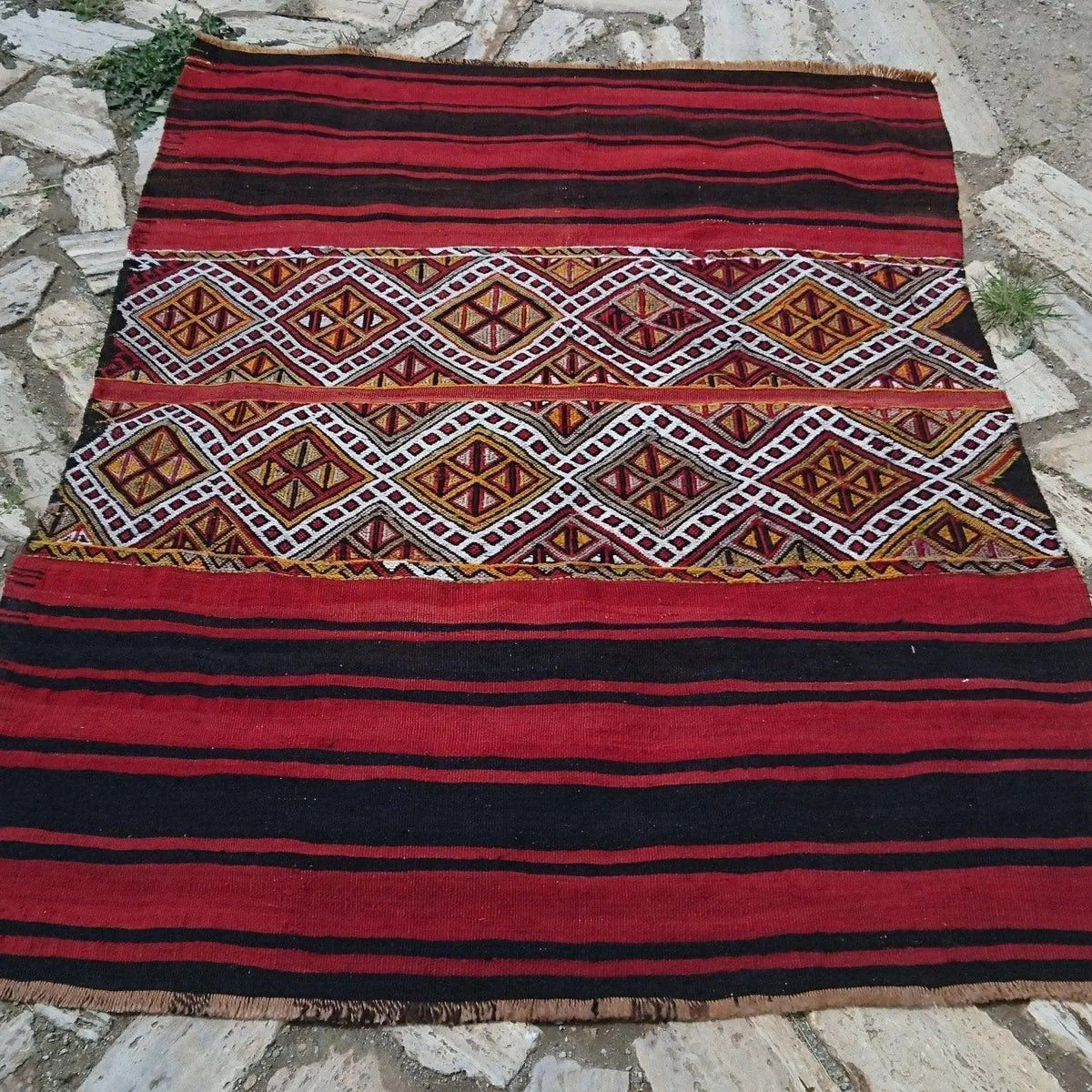 Red 4' x 5' vintage tribal kilim rug with striped design, handmade in Turkey – Jeremy.