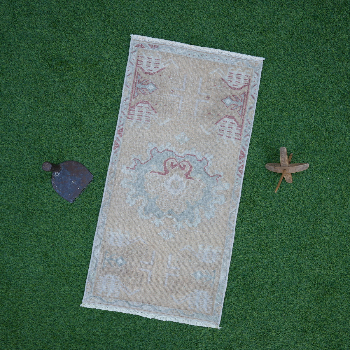 Beige 1' x 3' vintage turkish rug with traditional design, handmade in Turkey – Sean.