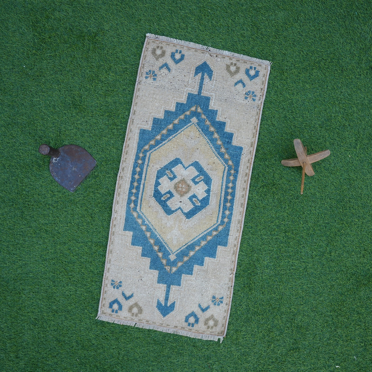 Blue 1' x 3' vintage turkish rug with geometric design, handmade in Turkey – Loren.