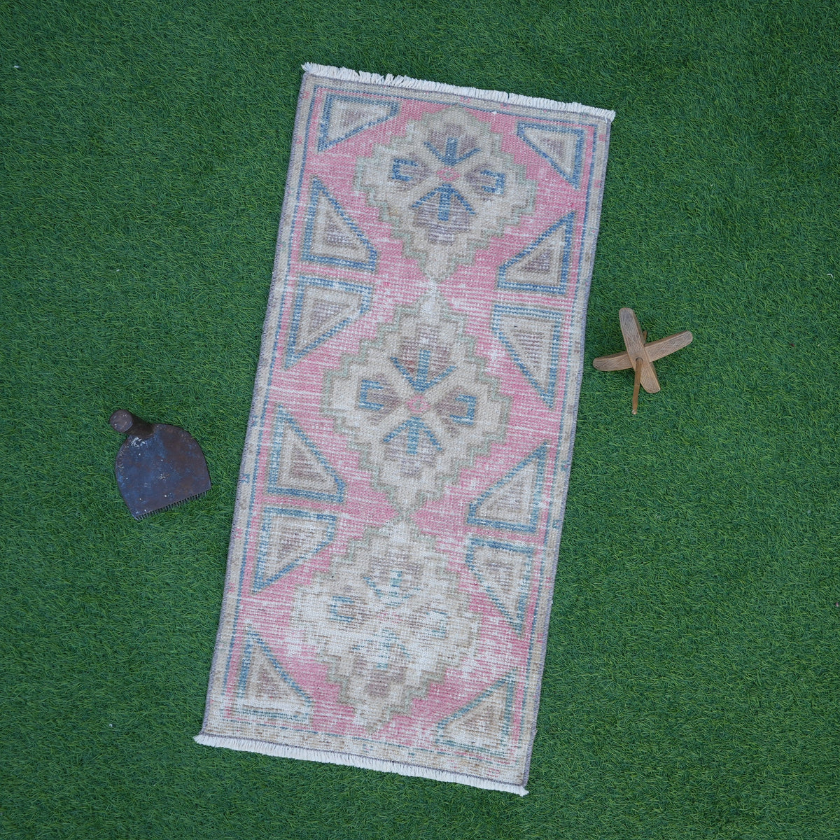 Pink 1' x 3' vintage turkish rug with traditional design, handmade in Turkey – Marco.