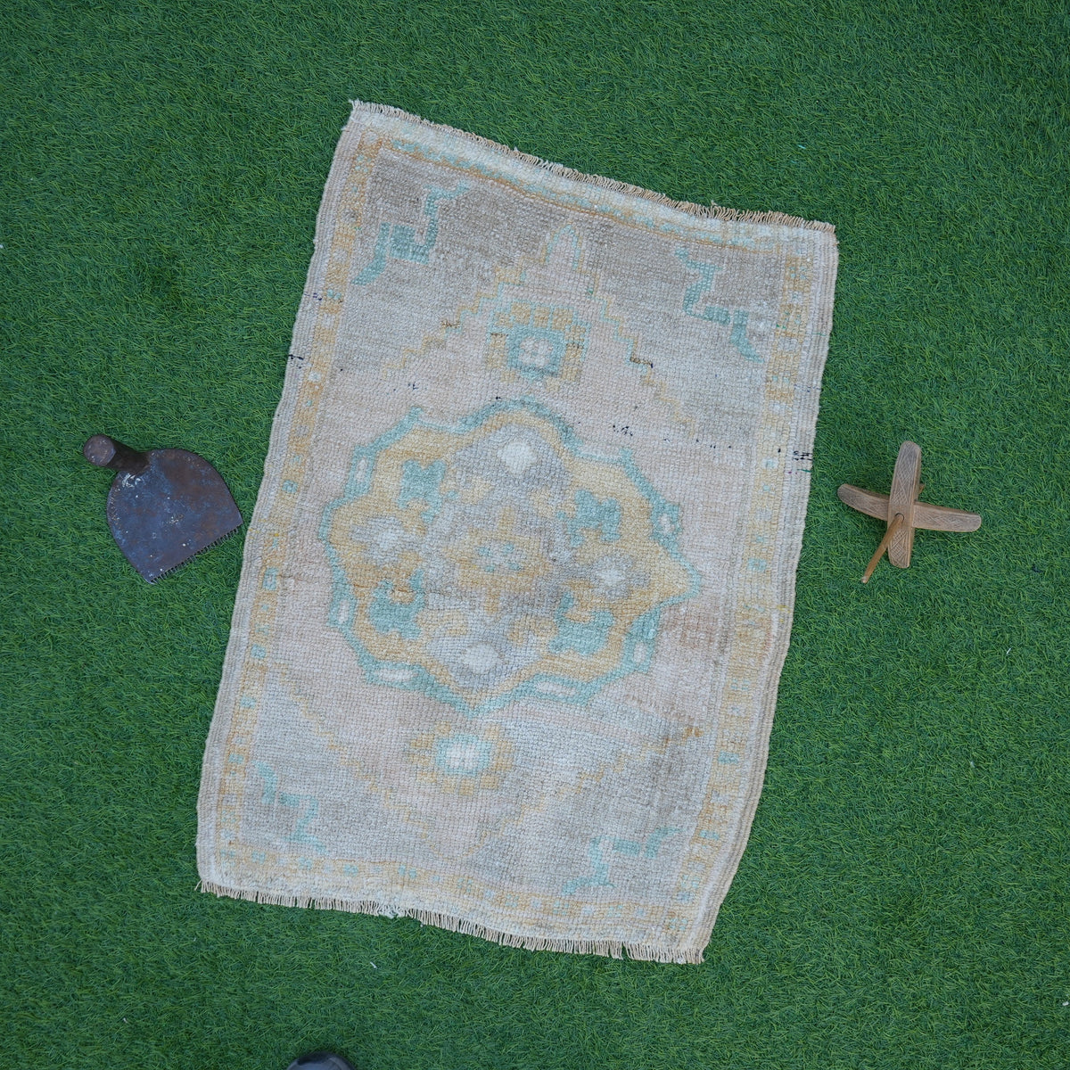 Beige 2' x 2' vintage turkish rug with neutral design, handmade in Turkey – Perkin.