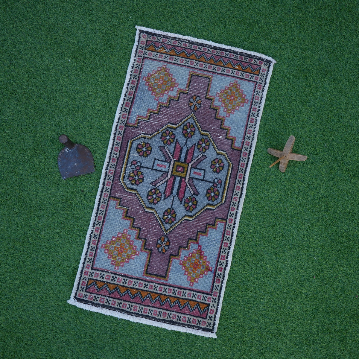 Blue 2' x 3' vintage turkish rug with traditional design, handmade in Turkey – Nesbit.