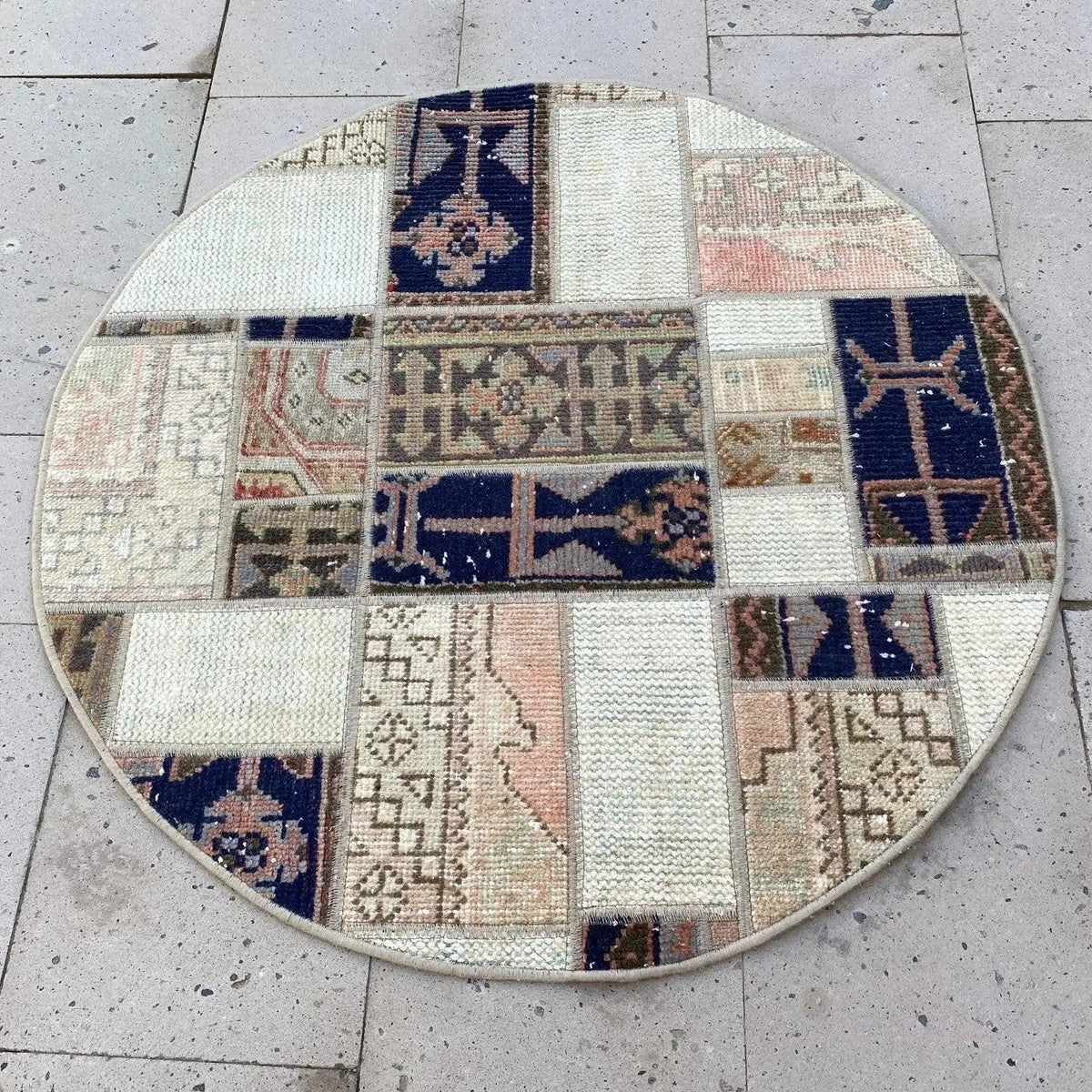 Blue 3' x 3' vintage turkish rug with patchwork design, handmade in Turkey – Cheever.