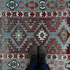 1970s blue vintage turkish rug with traditional design, hand-knotted weave and low pile.