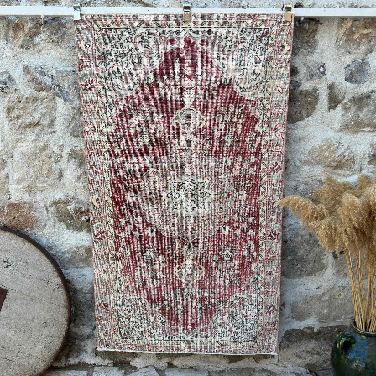 Red 3' x 6' vintage turkish rug with traditional design, handmade in Turkey – Kay.
