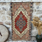 Multicolor 3' x 7' vintage turkish rug with geometric design, handmade in Turkey – White.
