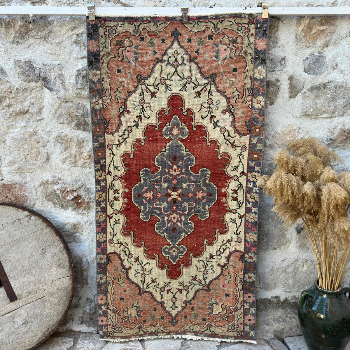 Multicolor 3' x 7' vintage turkish rug with geometric design, handmade in Turkey – White.