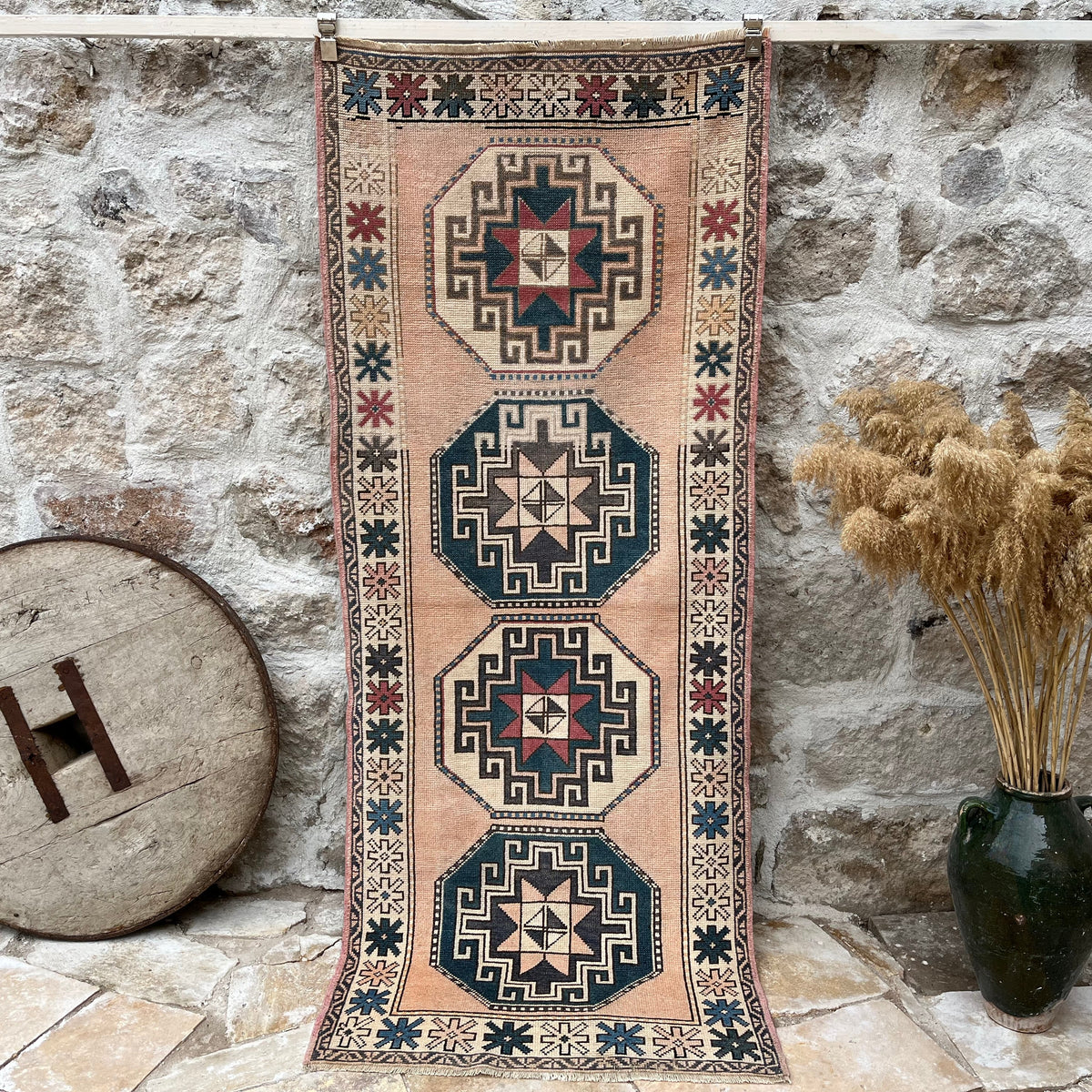 Pink 3' x 8' vintage turkish rug with oushak design, handmade in Turkey – Nasmith.