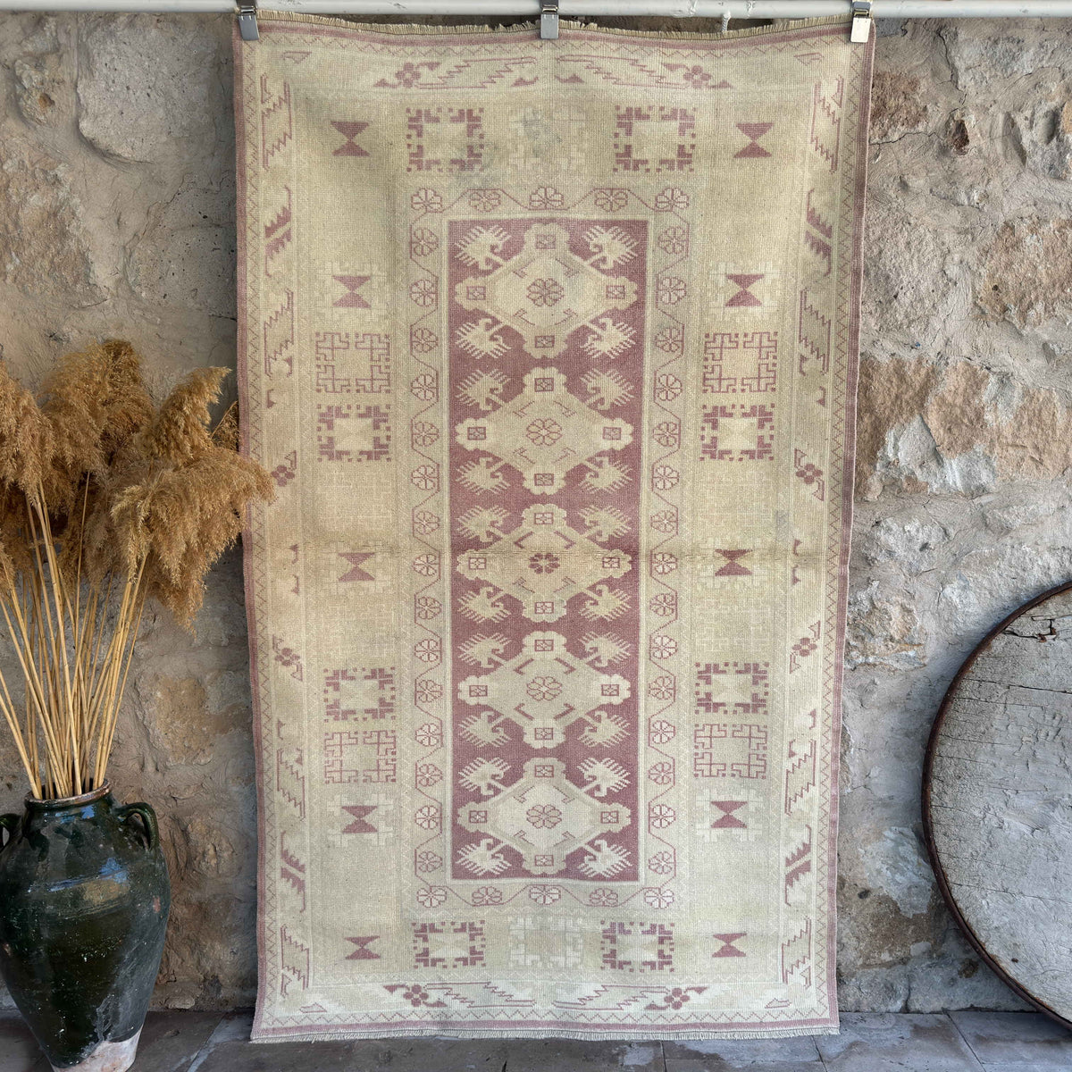 Beige 4' x 6' vintage turkish rug with neutral design, handmade in Turkey – Kacie.