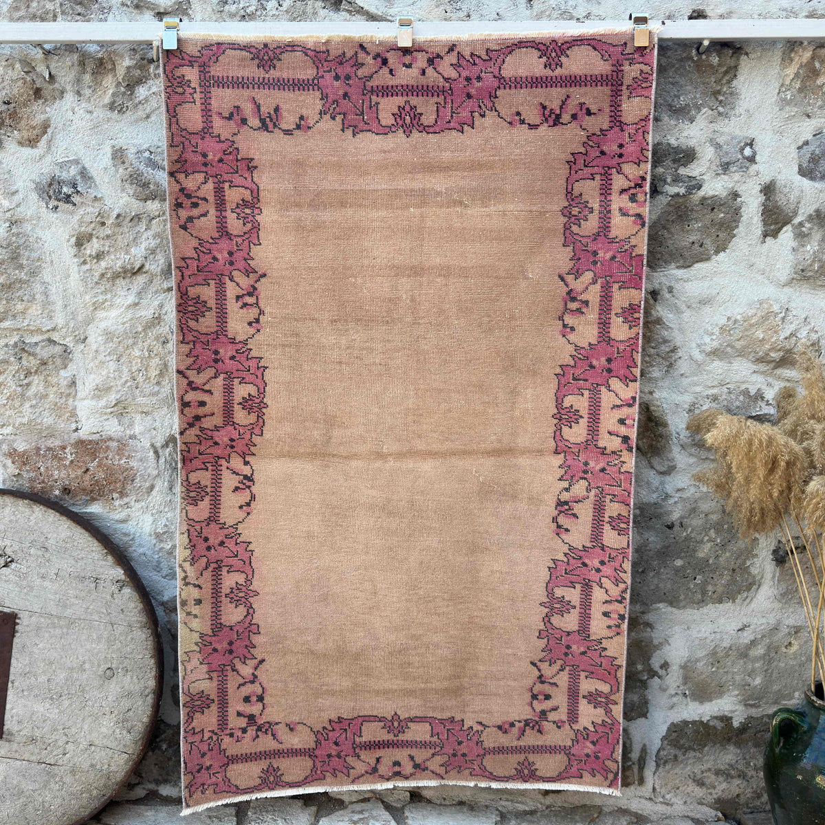 Beige 4' x 6' vintage turkish rug with traditional design, handmade in Turkey – Minta.