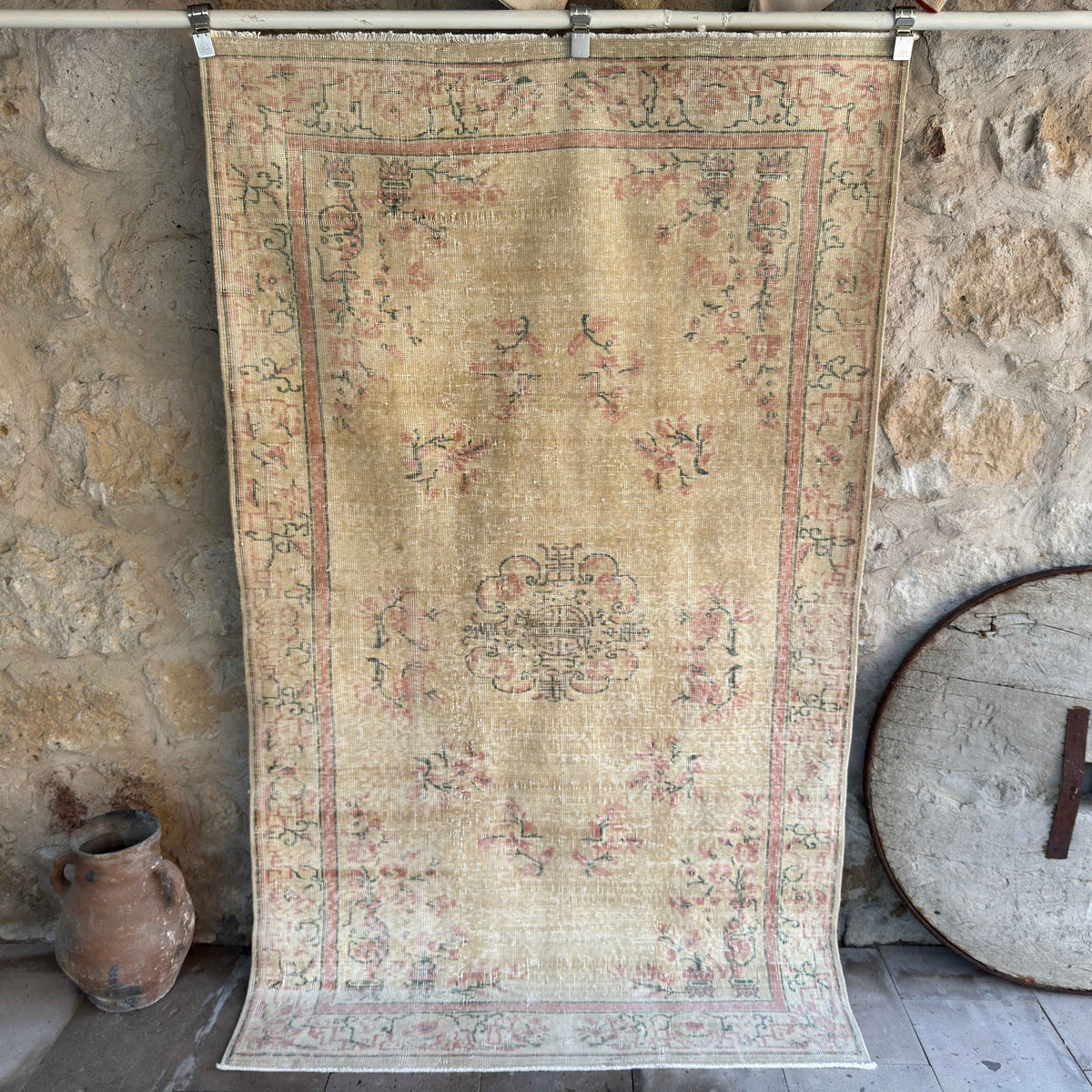 Beige 4' x 7' vintage turkish rug with neutral design, handmade in Turkey – Hugo.