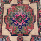 1970s blue vintage turkish rug with traditional design, hand-knotted weave and low pile.