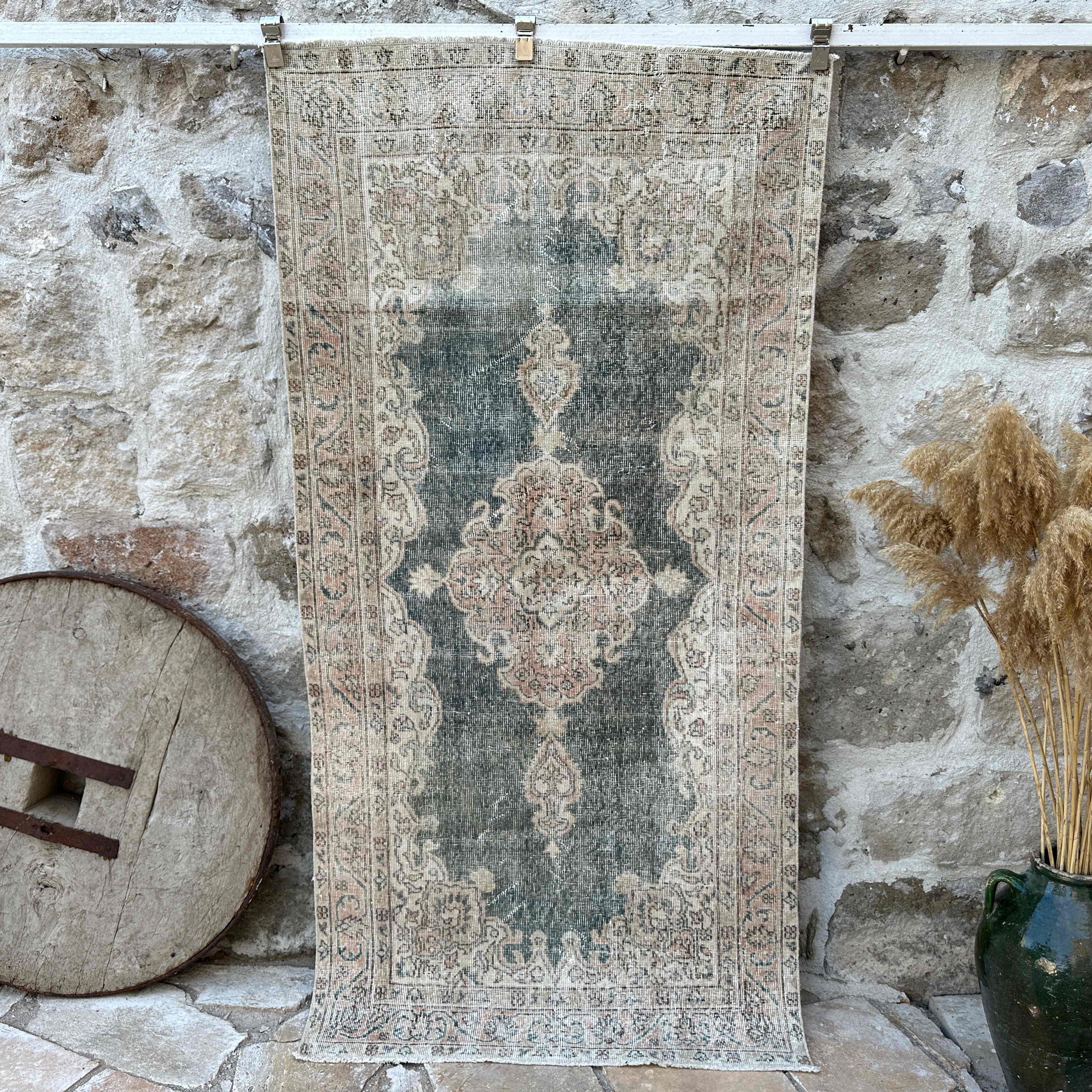 Blue 4' x 7' vintage turkish rug with neutral design, handmade in Turkey – Fleet.