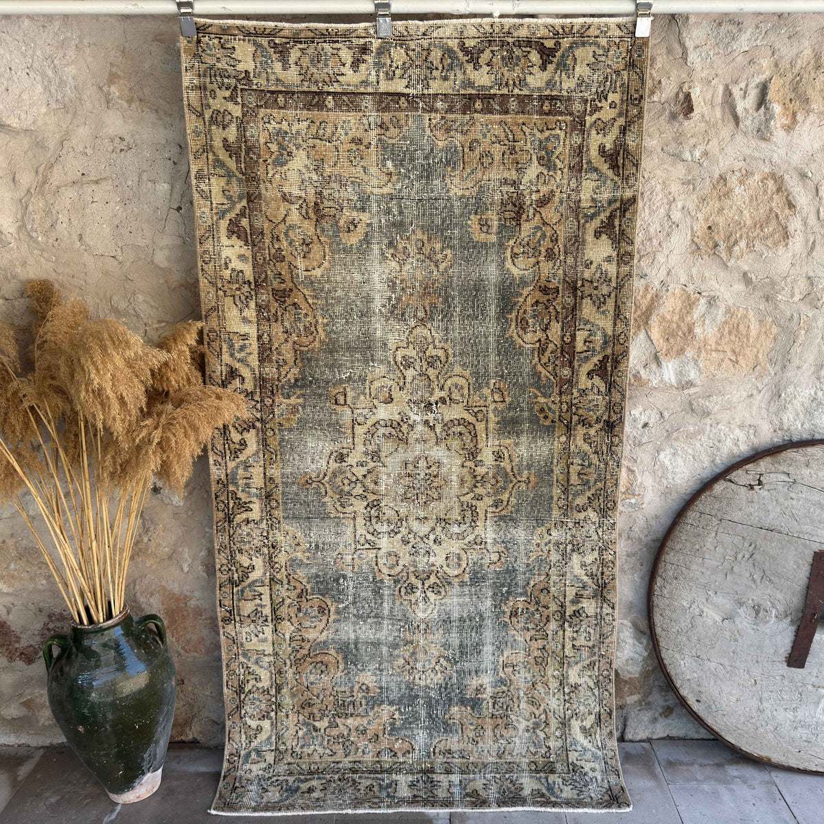 Blue 4' x 7' vintage turkish rug with traditional design, handmade in Turkey – Greta.
