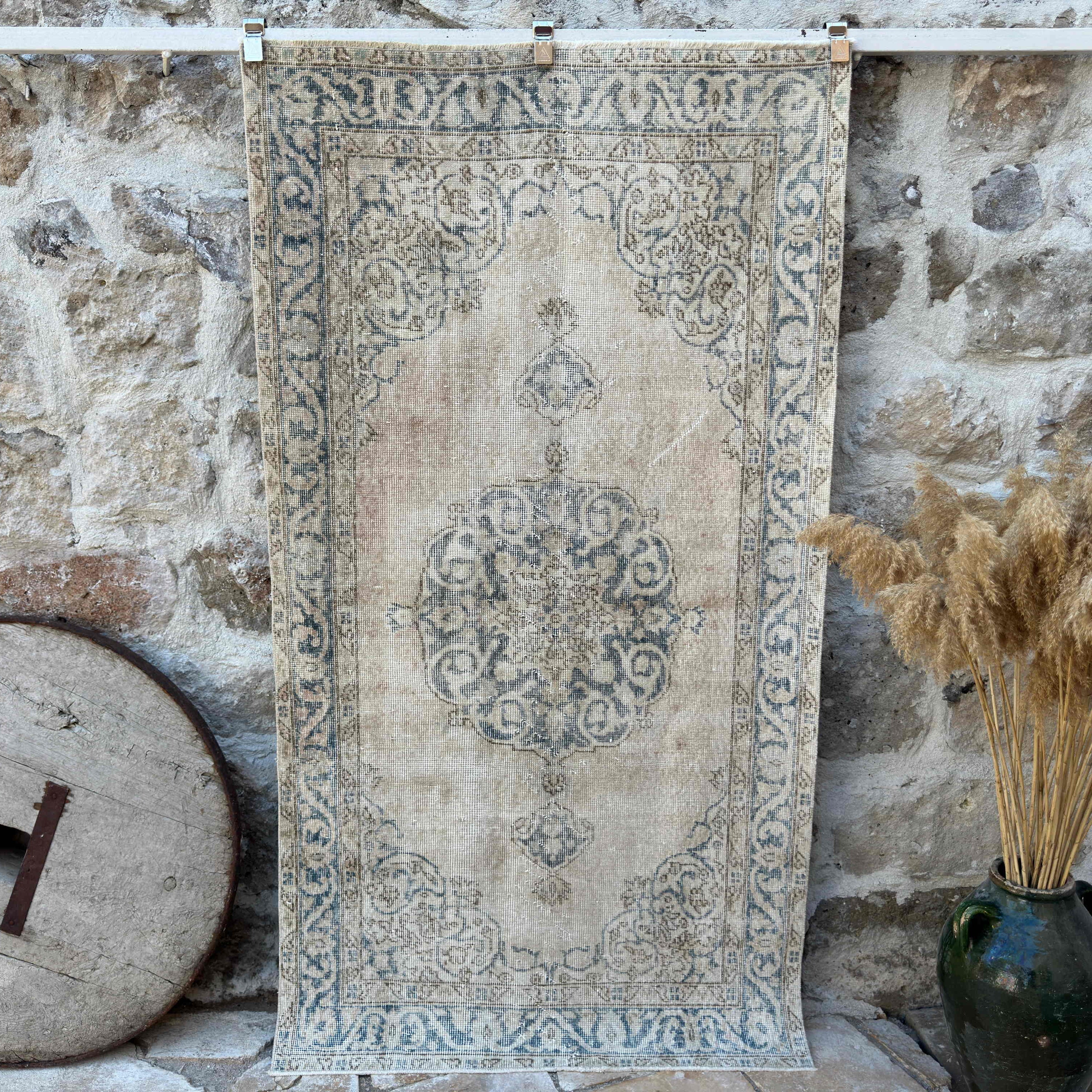Blue 4' x 7' vintage turkish rug with medallion design, handmade in Turkey – Rhys.