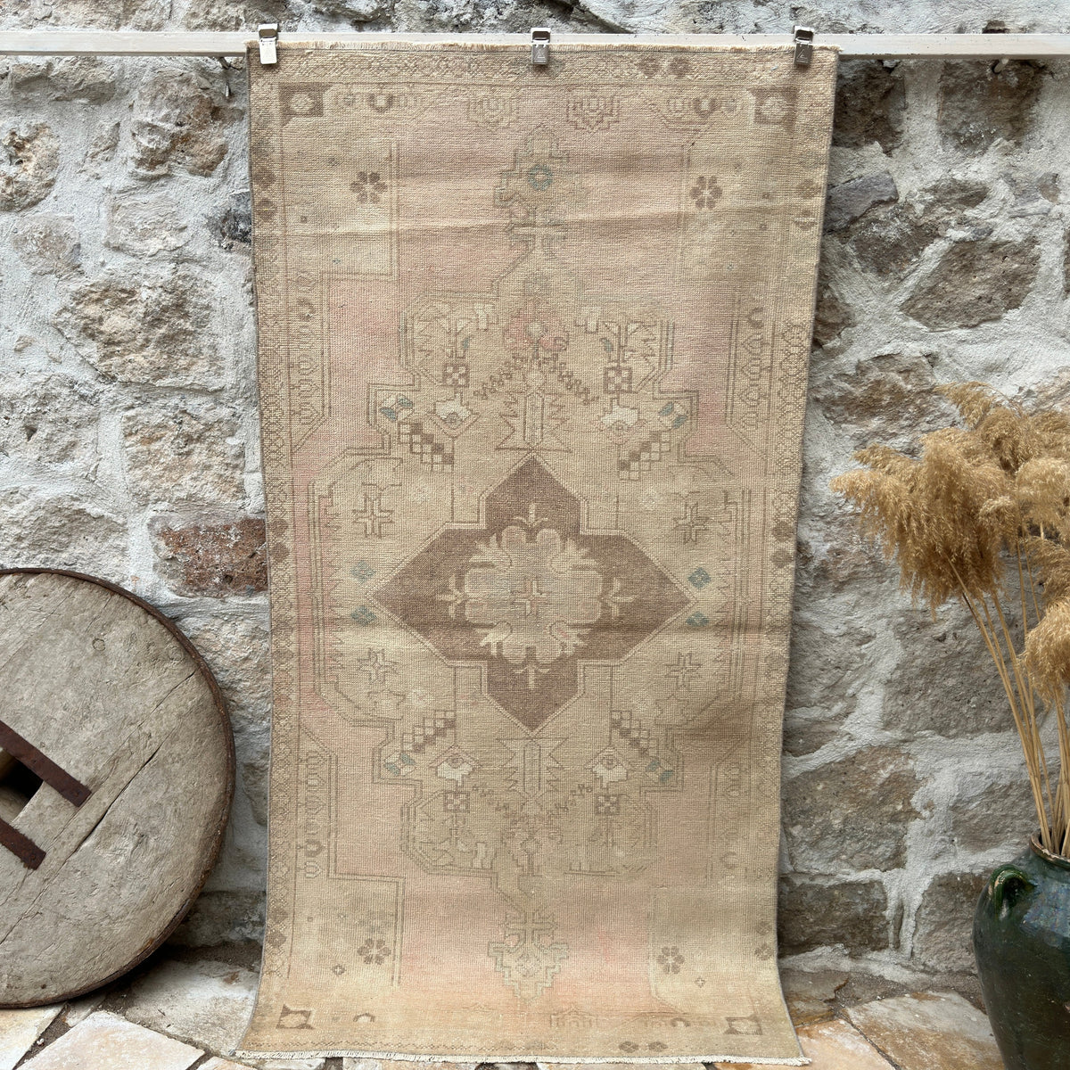 Pale Pink 4' x 7' vintage turkish rug with medallion design, handmade in Turkey – Frost.