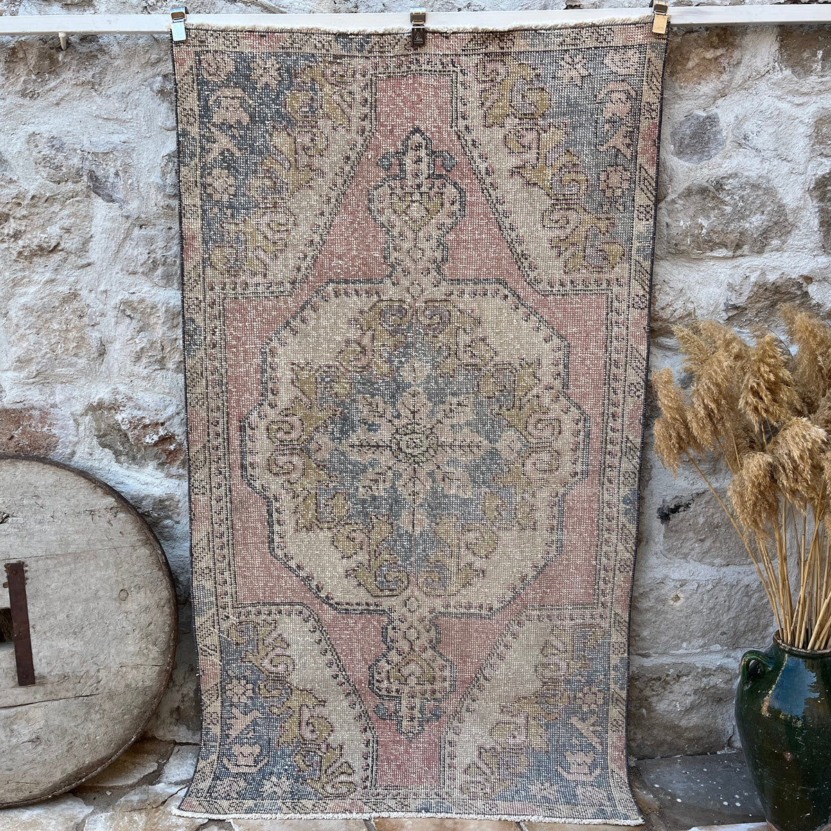 Pale Pink 4' x 7' vintage turkish rug with traditional design, handmade in Turkey – Ira.