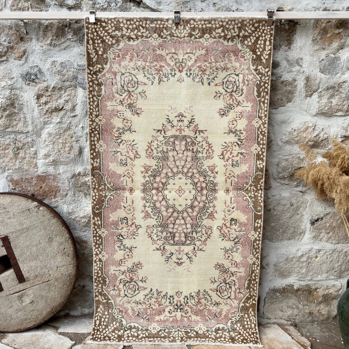 Pink 4' x 7' vintage turkish rug with medallion design, handmade in Turkey – Evans.